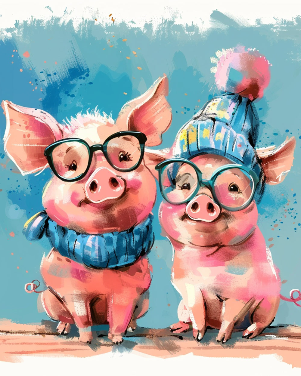 Couple de Cochons avec Lunettes Broderie Diamant