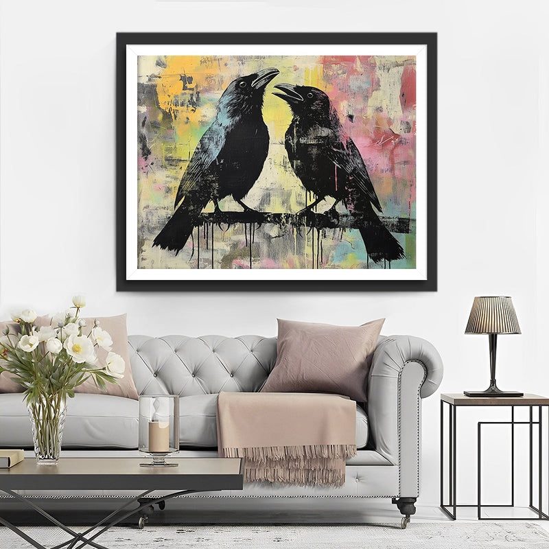Couple de Corbeaux Noirs Graffiti Broderie Diamant