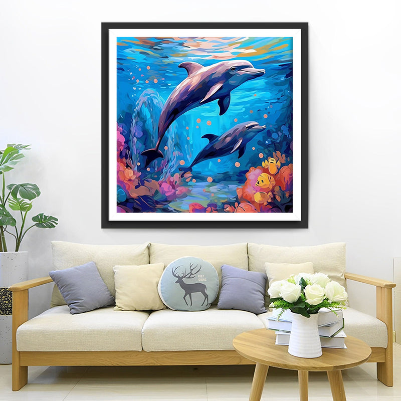Couple de Dauphins dans la Mer Broderie Diamant