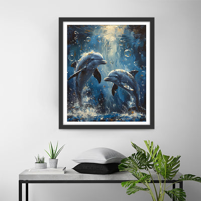 Couple de Dauphins sous la Mer Bleue Broderie Diamant