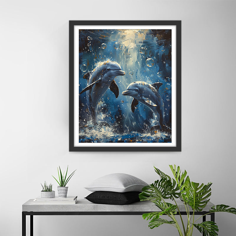 Couple de Dauphins sous la Mer Bleue Broderie Diamant