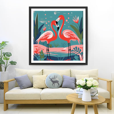 Couple de Flamants Roses au Printemps Broderie Diamant