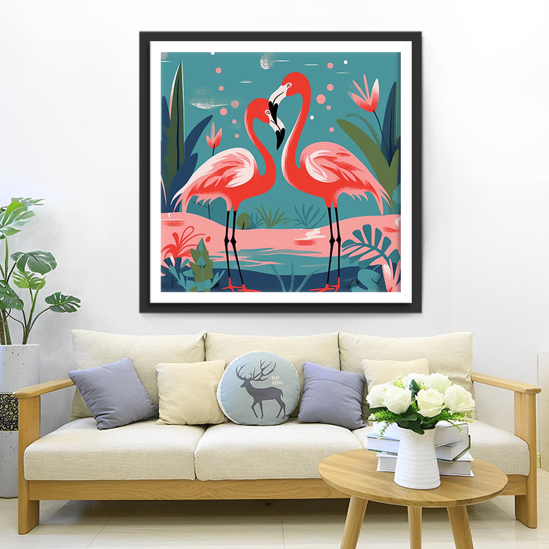 Couple de Flamants Roses au Printemps Broderie Diamant
