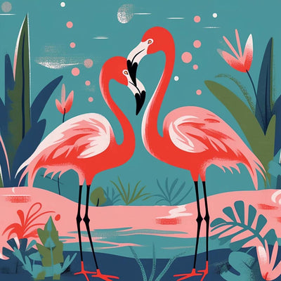 Couple de Flamants Roses au Printemps Broderie Diamant