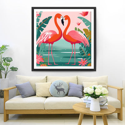 Couple de Flamants Roses sur le Lac Broderie Diamant
