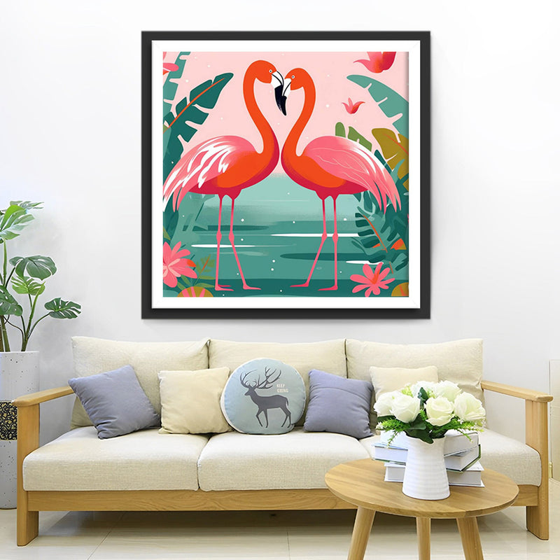 Couple de Flamants Roses sur le Lac Broderie Diamant
