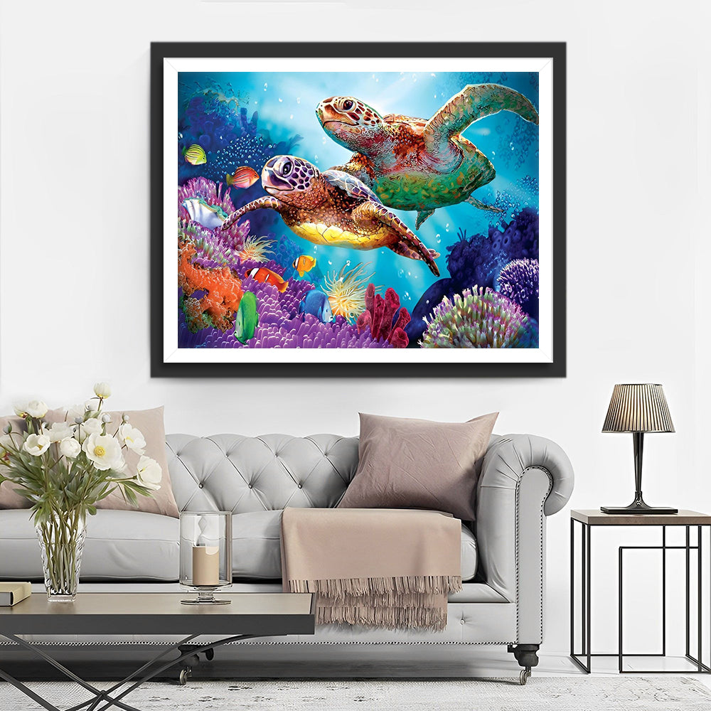 Couple de Tortues Marines et les Poissons Broderie Diamant