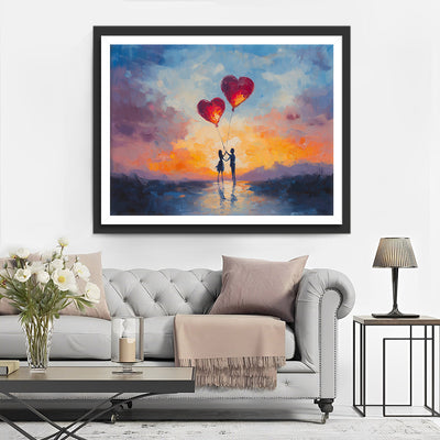 Couple Doux Tenant des Ballons en Forme de Cœur Broderie Diamant