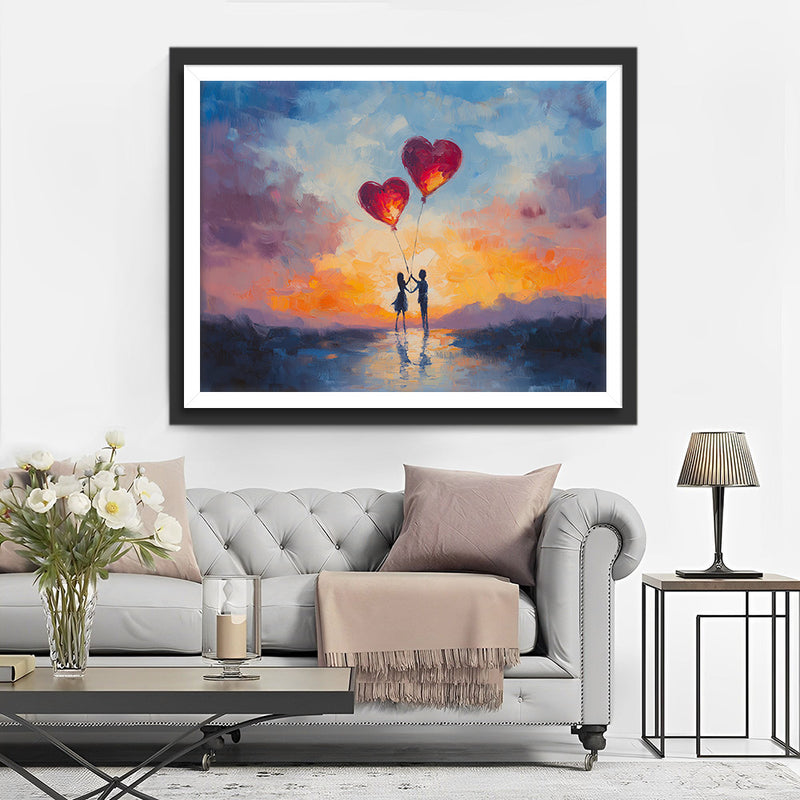 Couple Doux Tenant des Ballons en Forme de Cœur Broderie Diamant