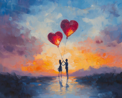Couple Doux Tenant des Ballons en Forme de Cœur Broderie Diamant