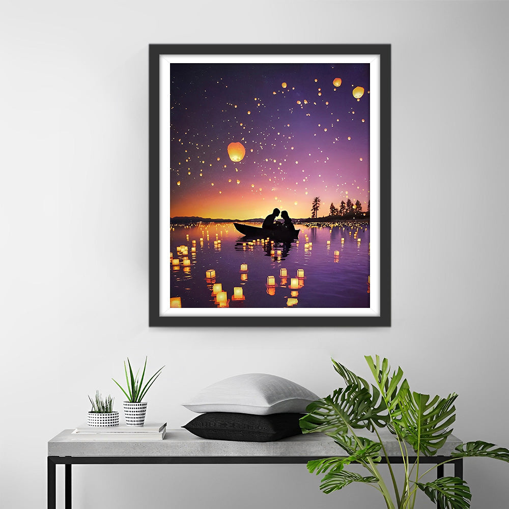 Couple Romantique en Bateau la Nuit Broderie Diamant