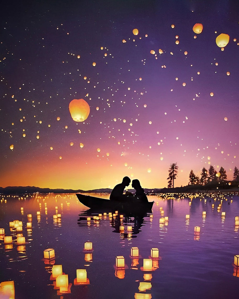 Couple Romantique en Bateau la Nuit Broderie Diamant