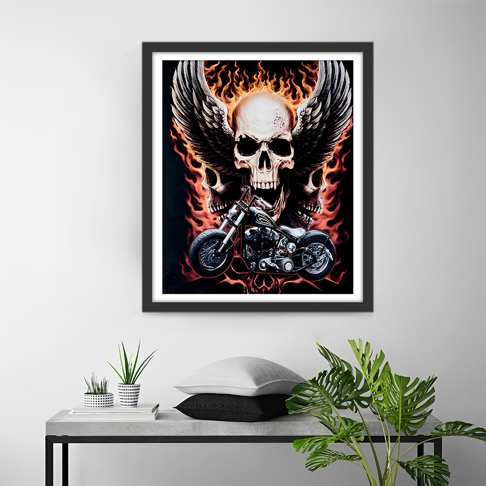 Crâne de Feu et Moto Broderie Diamant