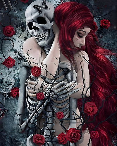 Crâne et Belle aux Cheveux Roux dans des Roses Rouges Broderie Diamant
