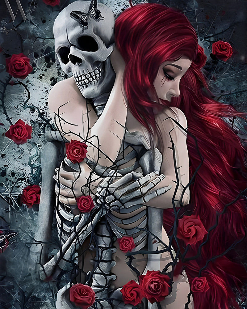 Crâne et Belle aux Cheveux Roux dans des Roses Rouges Broderie Diamant