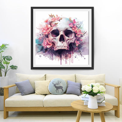 Crâne et Fleurs Roses Broderie Diamant