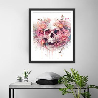 Crâne parmi les Fleurs Roses Broderie Diamant