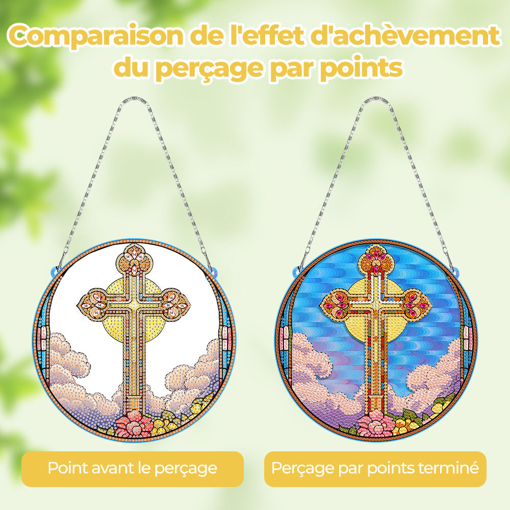 Croix et Soleil en Acrylique Pendentif Broderie Diamant