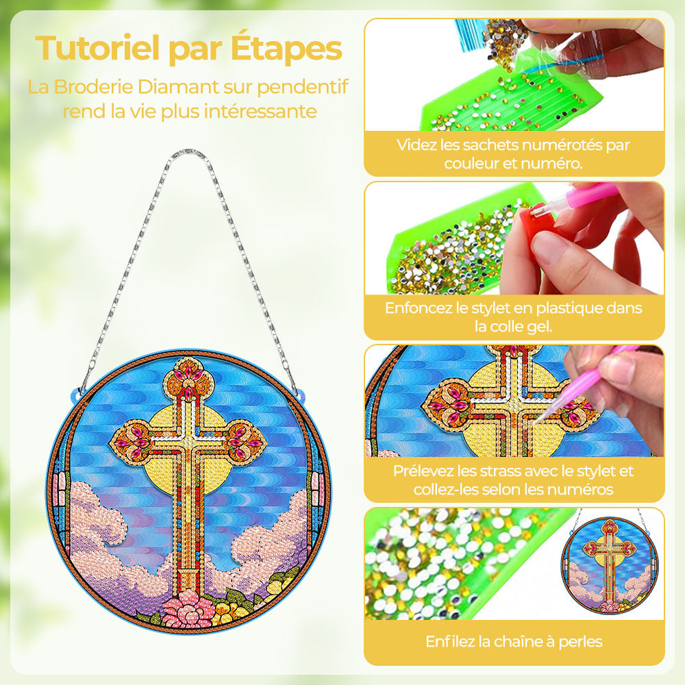 Croix et Soleil en Acrylique Pendentif Broderie Diamant