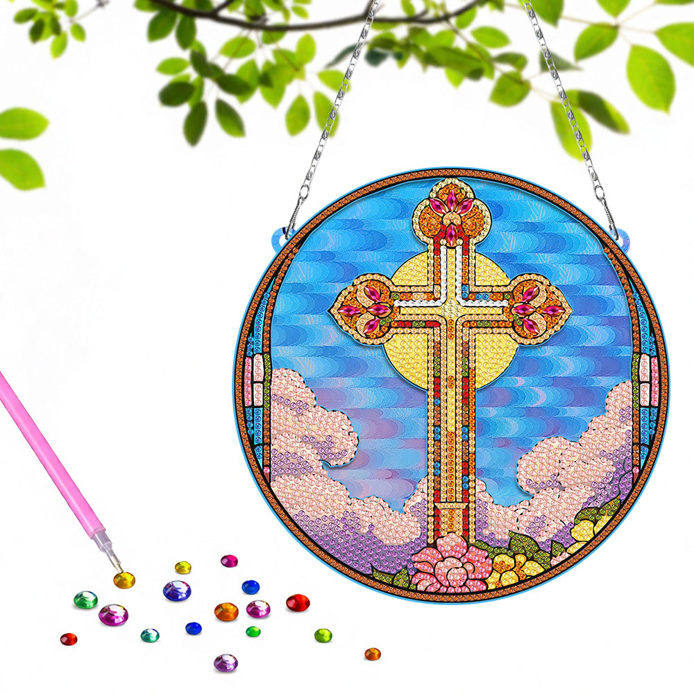 Croix et Soleil en Acrylique Pendentif Broderie Diamant