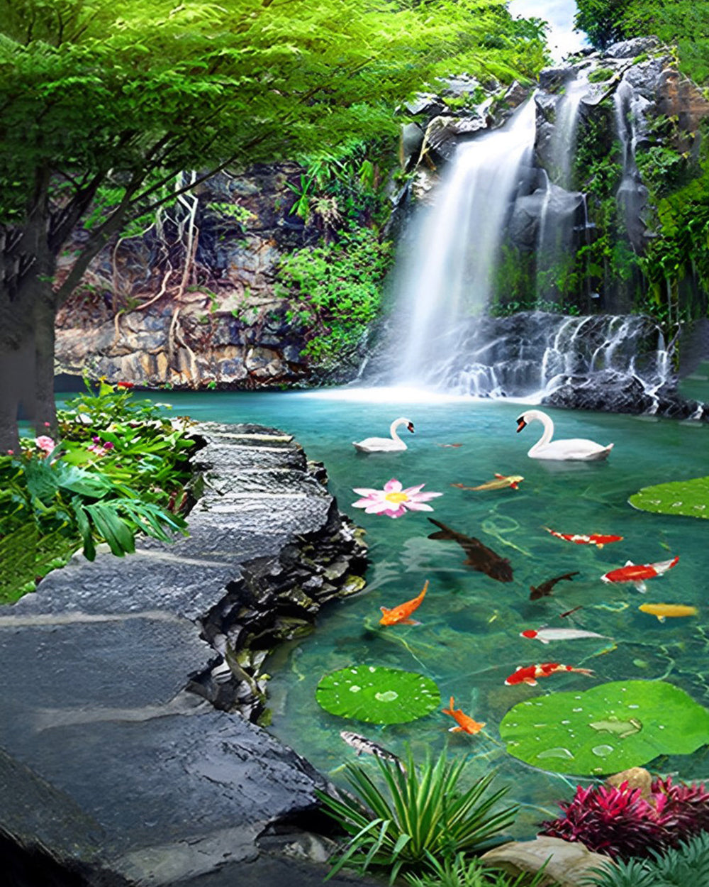Cygnes et Koïs dans la Cascade de l'Étang Broderie Diamant