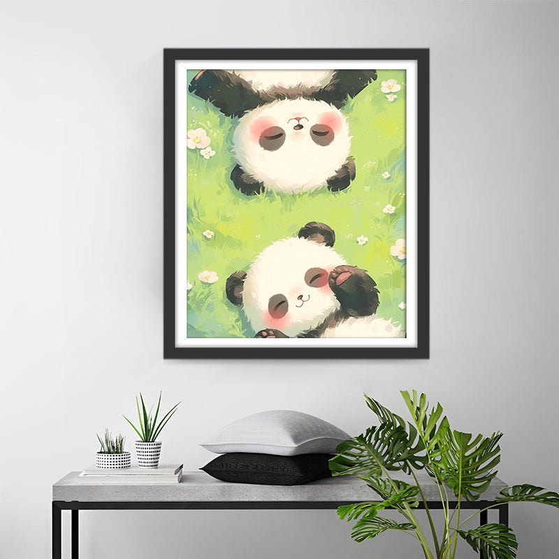 Deux Bébé Pandas Couches sur l’Herbe Broderie Diamant