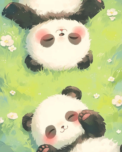 Deux Bébé Pandas Couches sur l’Herbe Broderie Diamant