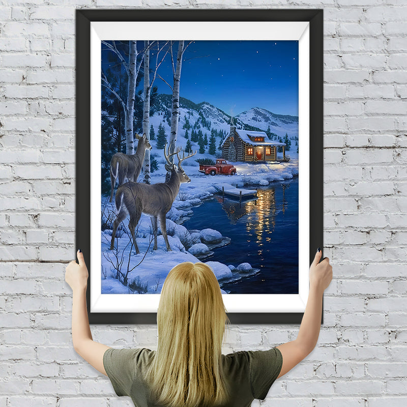 Deux Cerfs et un Chalet Broderie Diamant