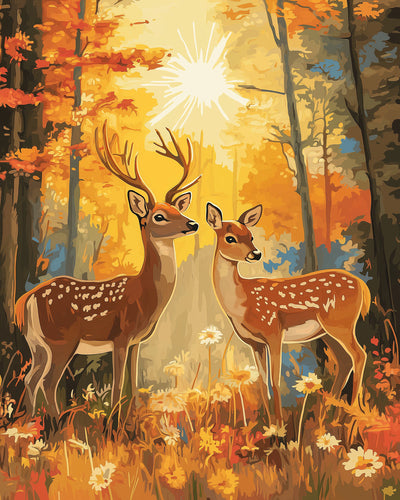 Deux Cerfs Sika dans la Forêt d’Automne Broderie Diamant