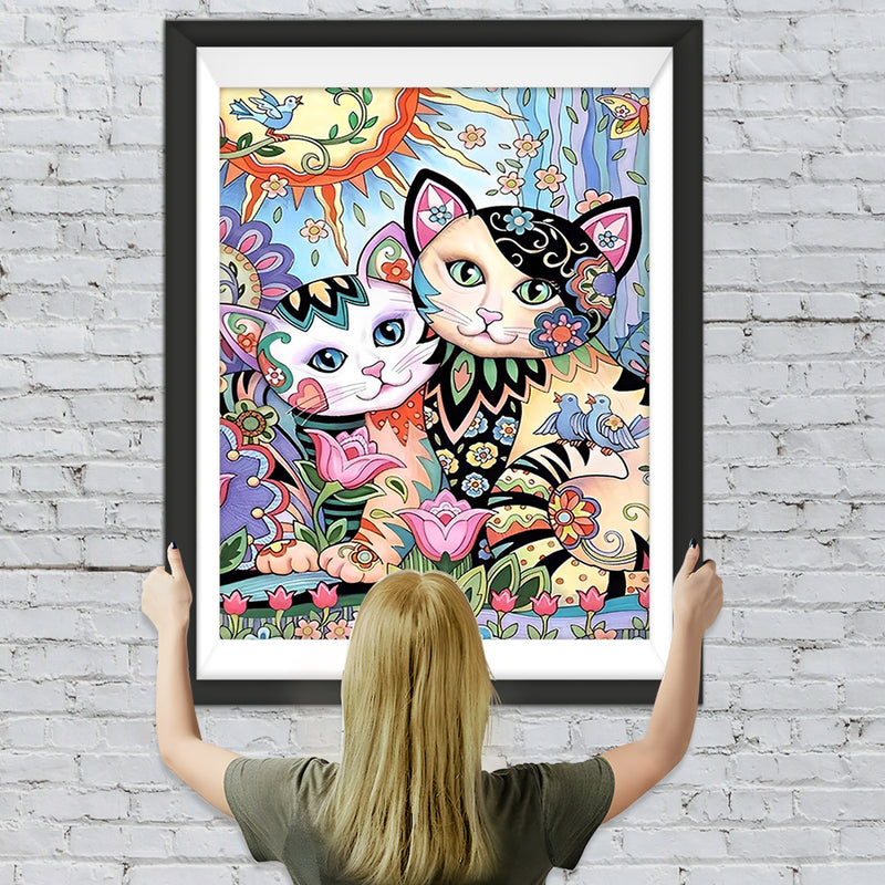 Deux Chats Dessinés et Colorés Broderie Diamant