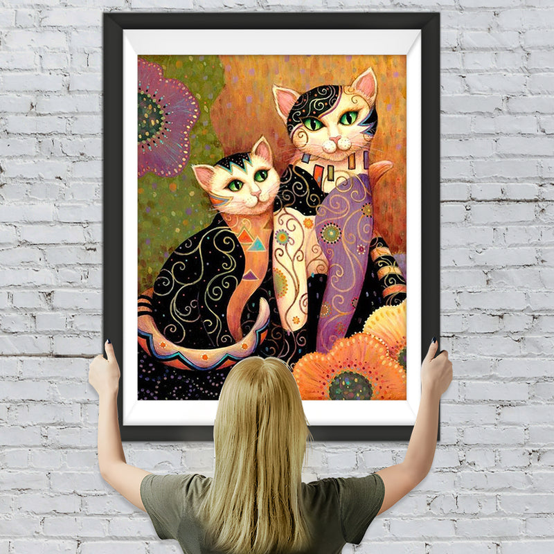 Chaton Regardant des Fleurs qui Tombent Broderie Diamant