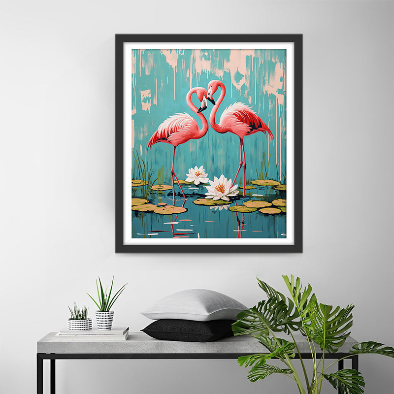 Deux Flamants Roses dans l’Étang de Lotus Broderie Diamant