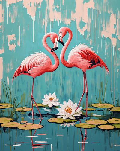 Deux Flamants Roses dans l’Étang de Lotus Broderie Diamant