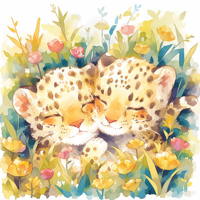 Deux Léopards Mignons parmi des Fleurs Broderie Diamant