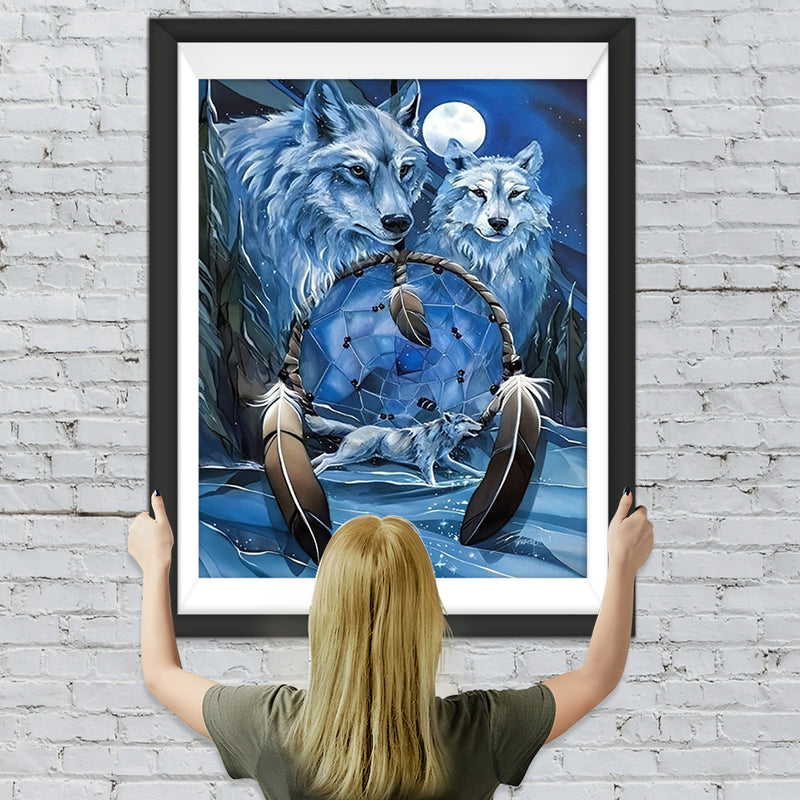 Deux Loups de Neige et Capteur de Rêves Broderie Diamant
