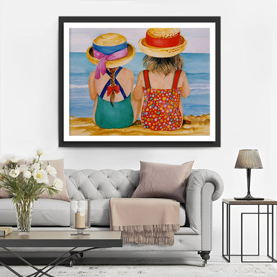 Deux Petites Filles sur la Plage Broderie Diamant