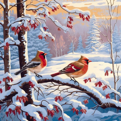 Deux Petits Oiseaux sur une Branche Enneigée Broderie Diamant