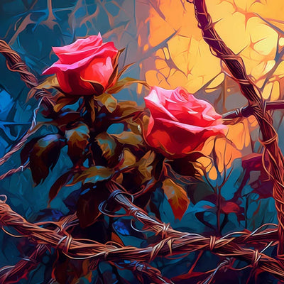 Deux Roses sur des Vignes Mortes Broderie Diamant