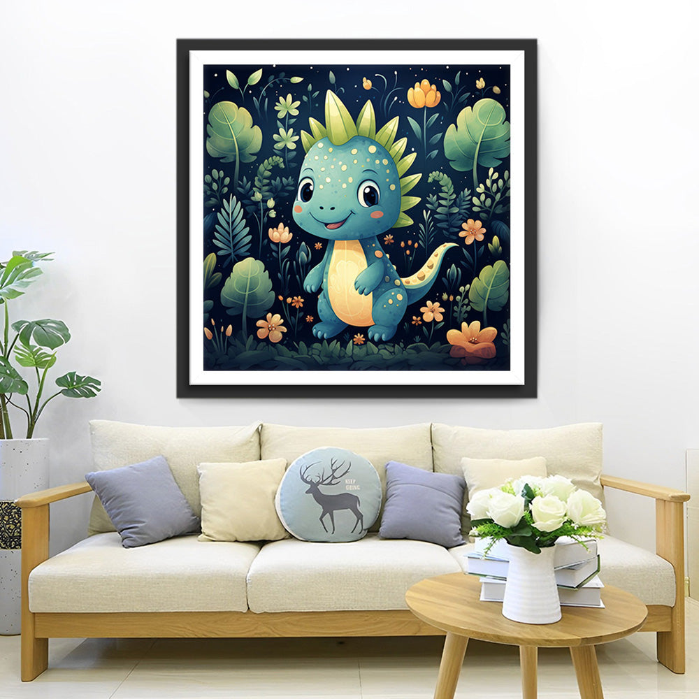 Dinosaure Vert Cartoon dans la Jungle Broderie Diamant