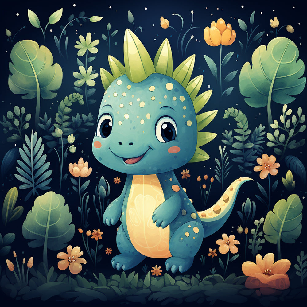 Dinosaure Vert Cartoon dans la Jungle Broderie Diamant