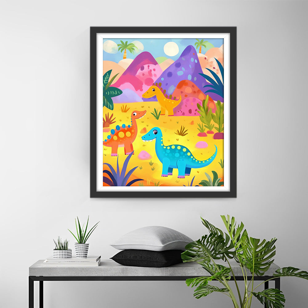 Dinosaures de Dessin Animé et Montagnes Broderie Diamant