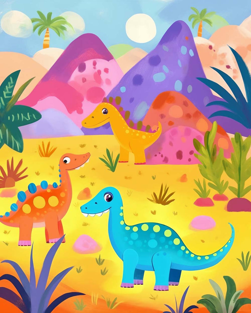 Dinosaures de Dessin Animé et Montagnes Broderie Diamant