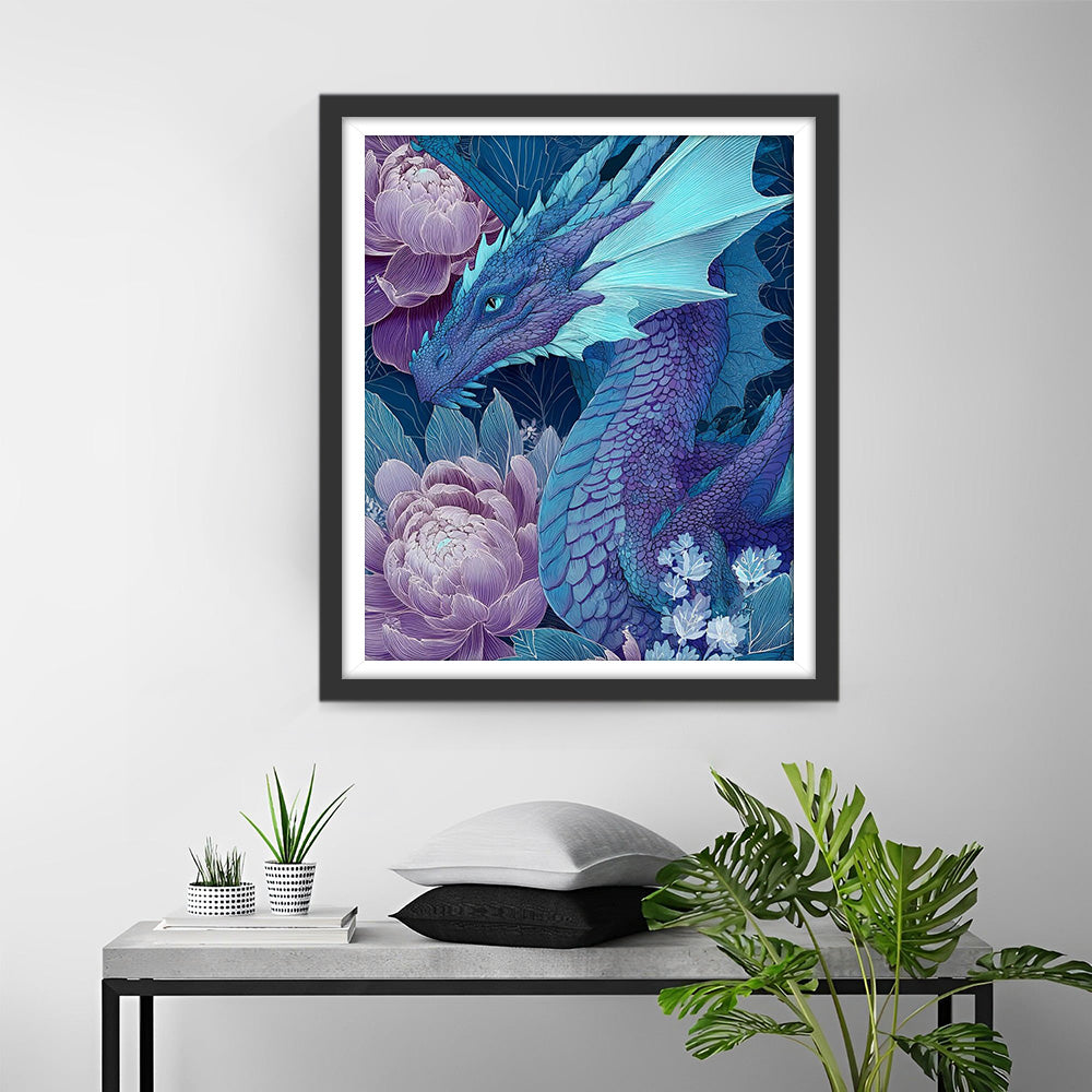 Dragon Bleu-Violet et Pivoine Rose Broderie Diamant