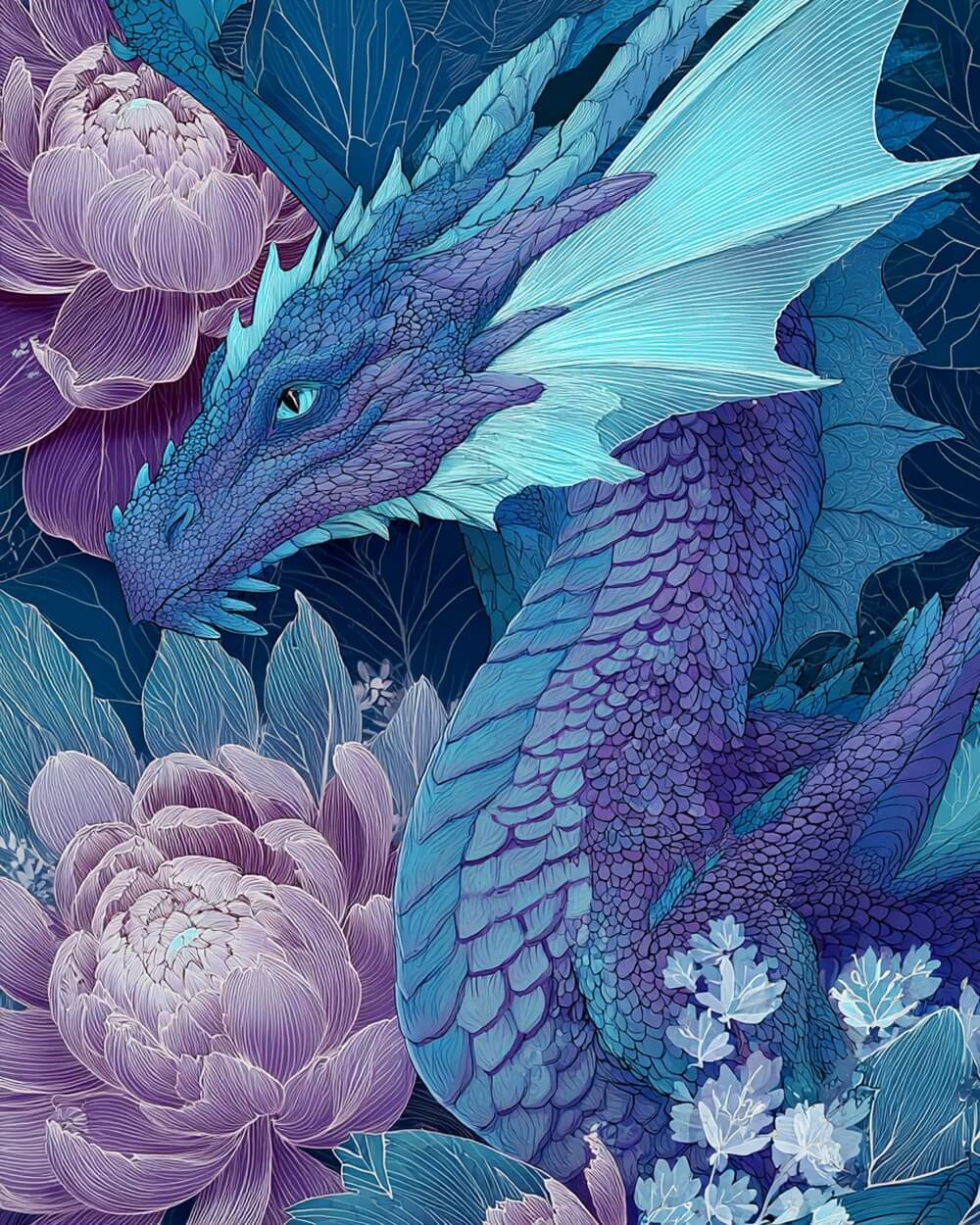 Dragon Bleu-Violet et Pivoine Rose Broderie Diamant