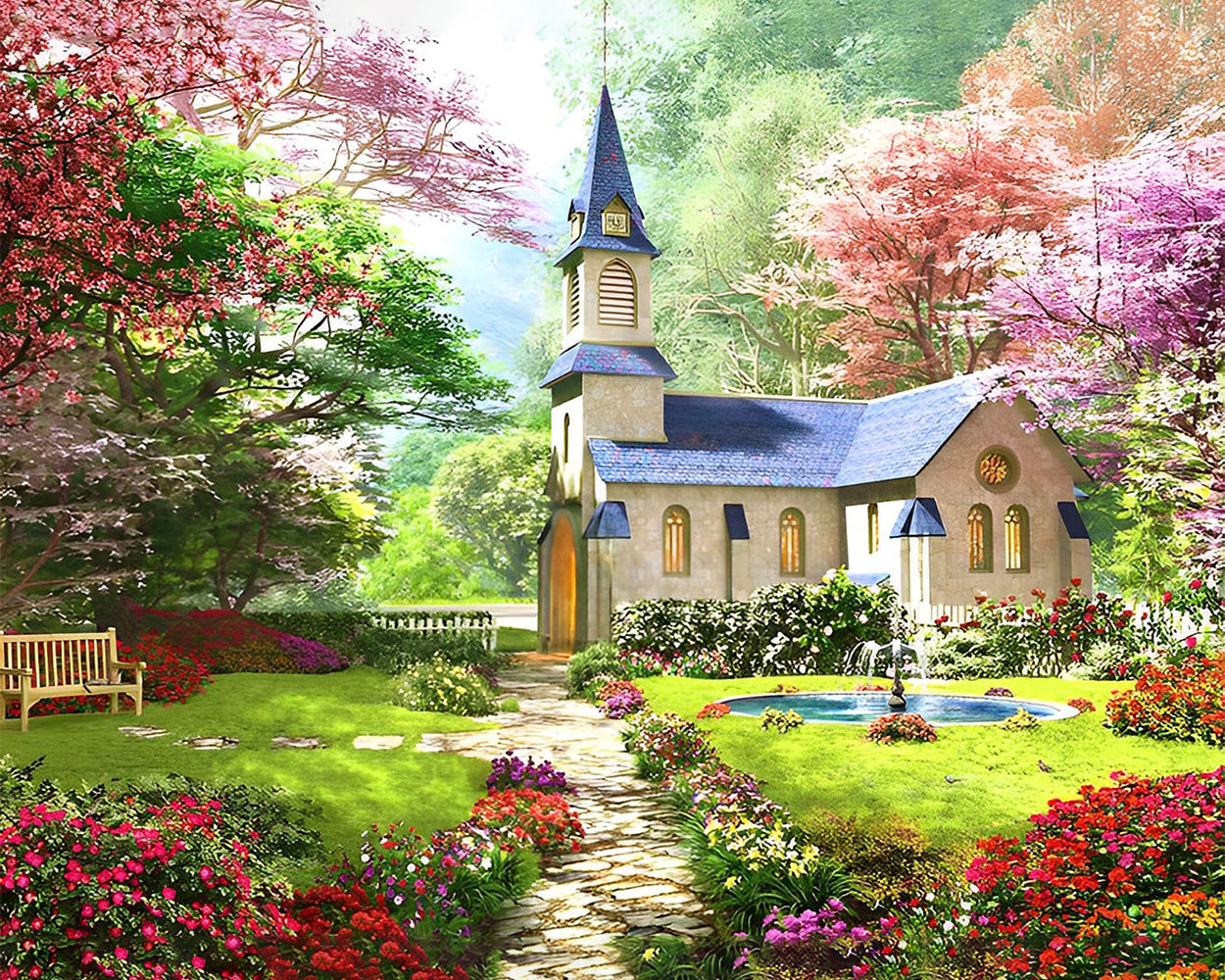 eglise dans le Jardin de Printemps Broderie Diamant