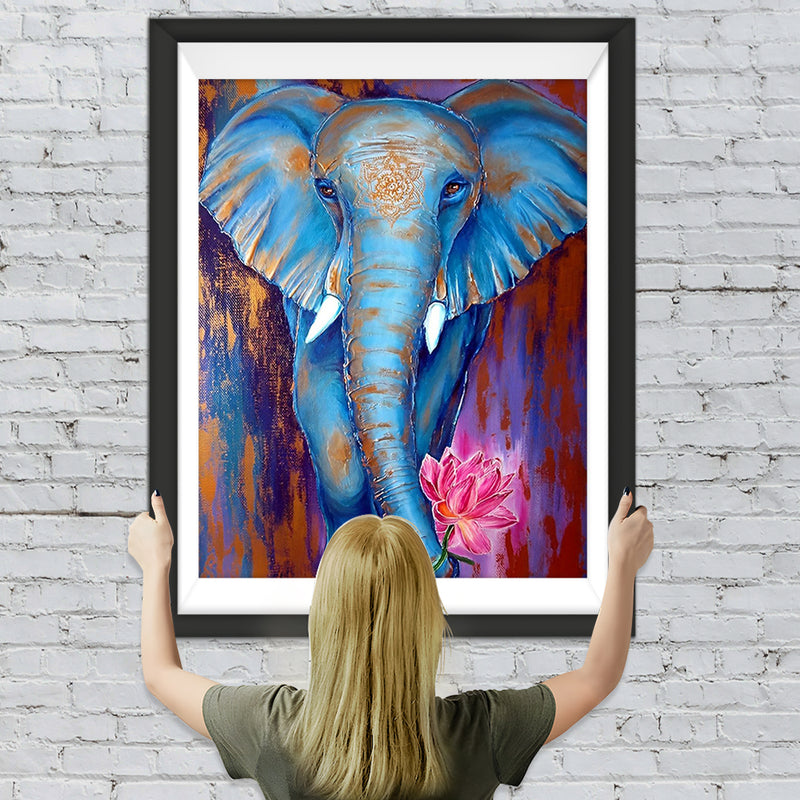 Éléphant Bleu et Lotus Broderie Diamant