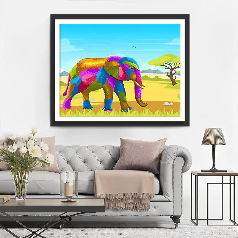elephant Coloré sur la Prairie Broderie Diamant