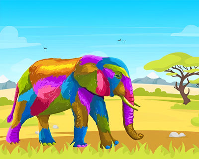 elephant Coloré sur la Prairie Broderie Diamant