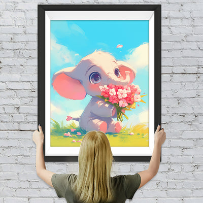 Éléphant Tenant des Fleurs Broderie Diamant