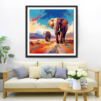 elephante et Bébé sur la Route de Montagne Broderie Diamant